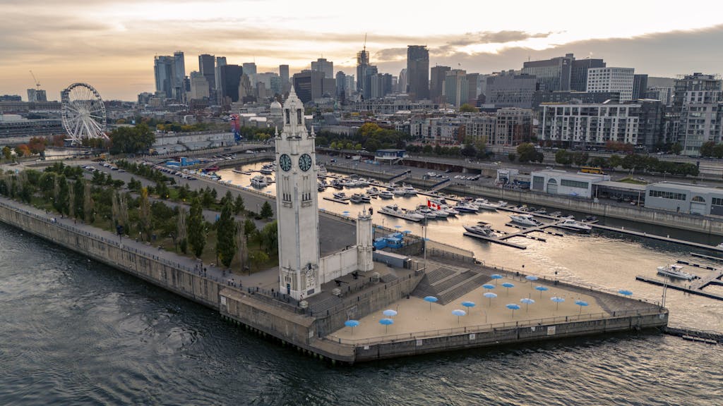 Birds Eye View of Clock Tower near River in Montreal in Canada